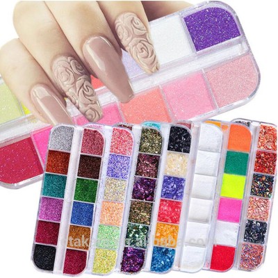 12 Grids/Sets Nail Glitter Sequin Mixed Mirror Mermaid Sugar Round DIY Flake Nail Art Decorations